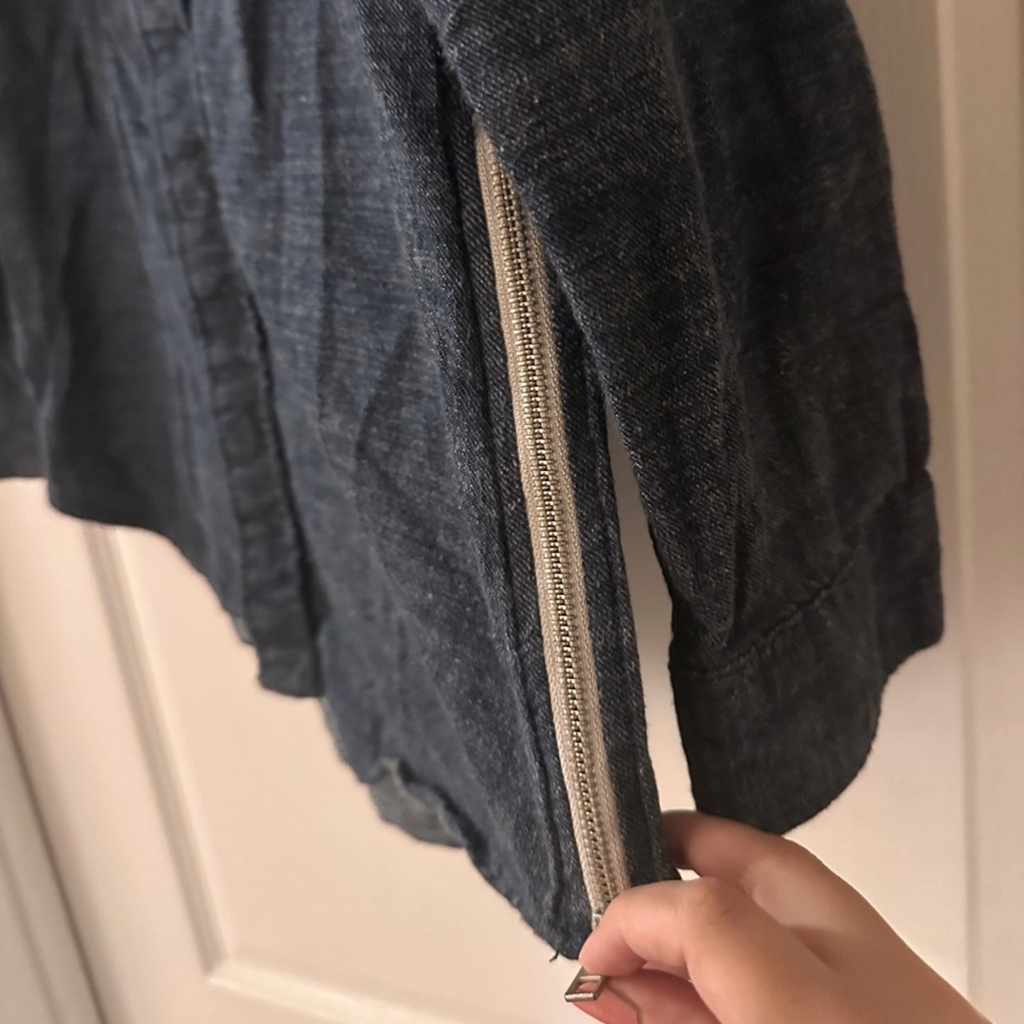 On the byas dark blue chambray button up shirt size large long