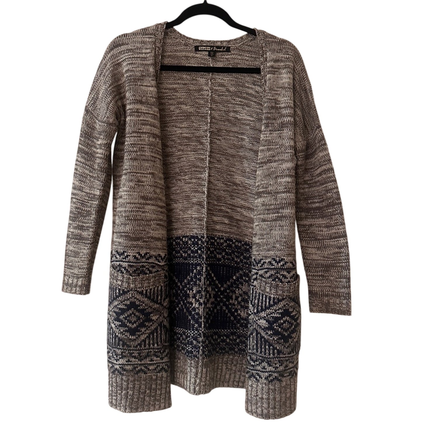 Gypsies & Moondust grey and navy blue tribal print open front long cardigan XS