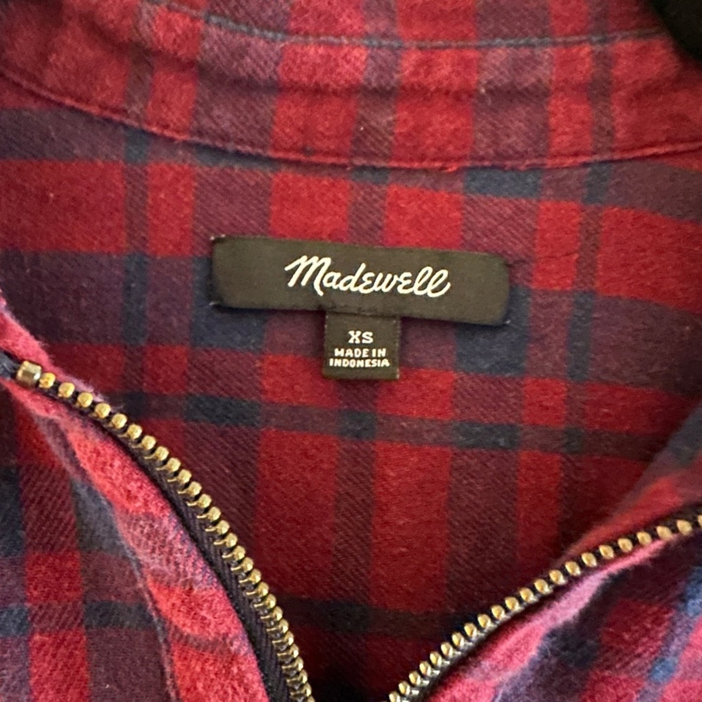 Madewell red and navy plaid flannel henley zip collared shirt size XS