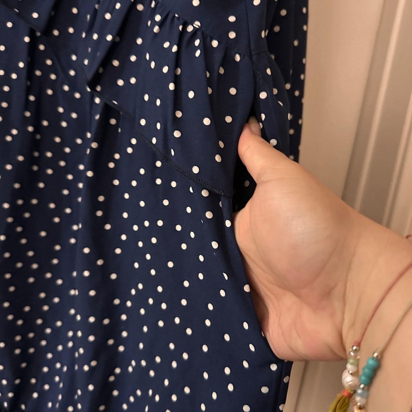 Navy long sleeve polka dot above the knee length dress size large