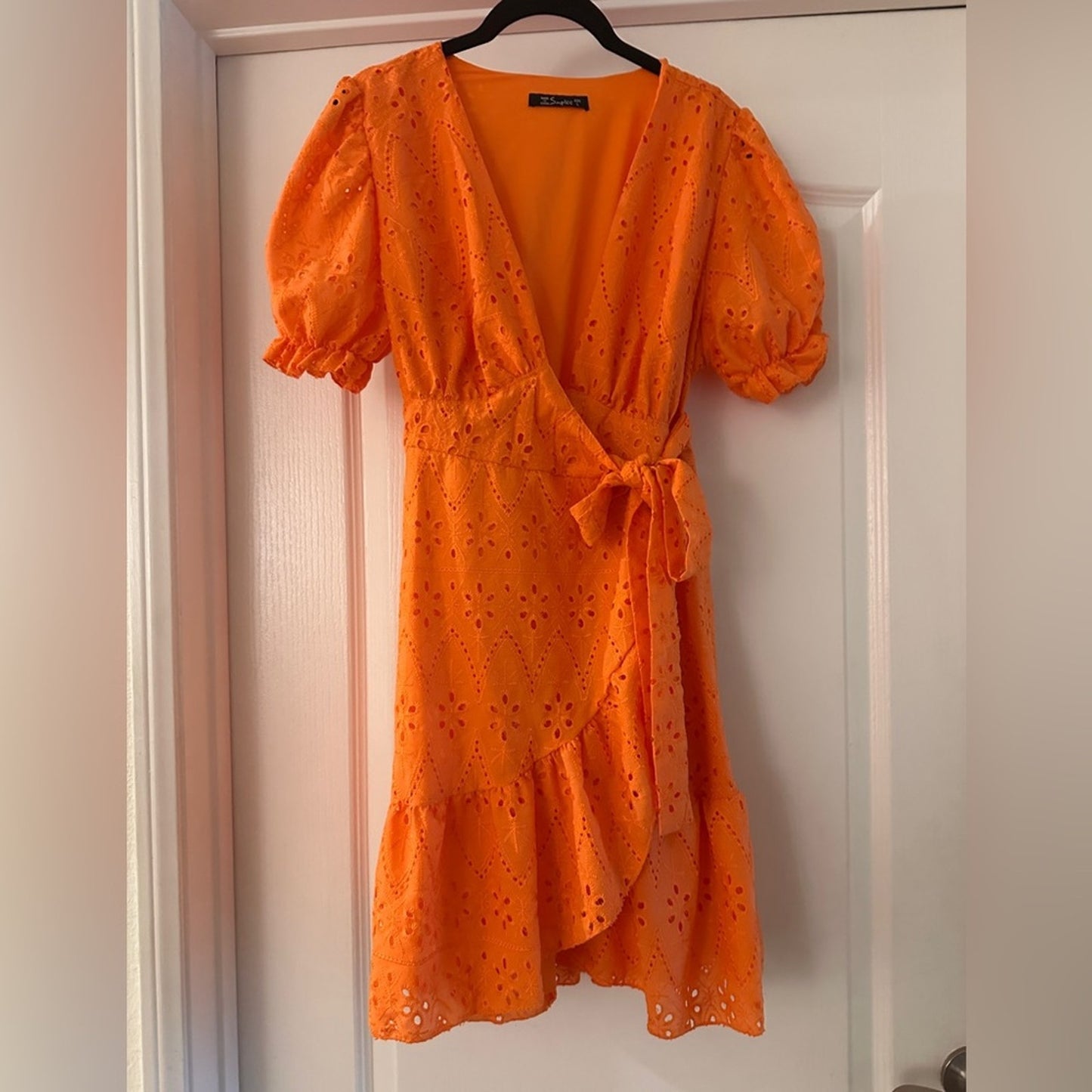 Simplee Orange eyelet mini wrap dress size large