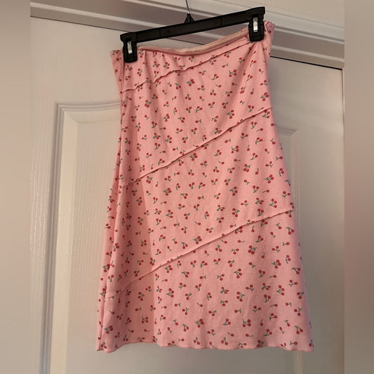🐈⬛WhiteFox pink cherry printed ribbed knit strapless dress size medium