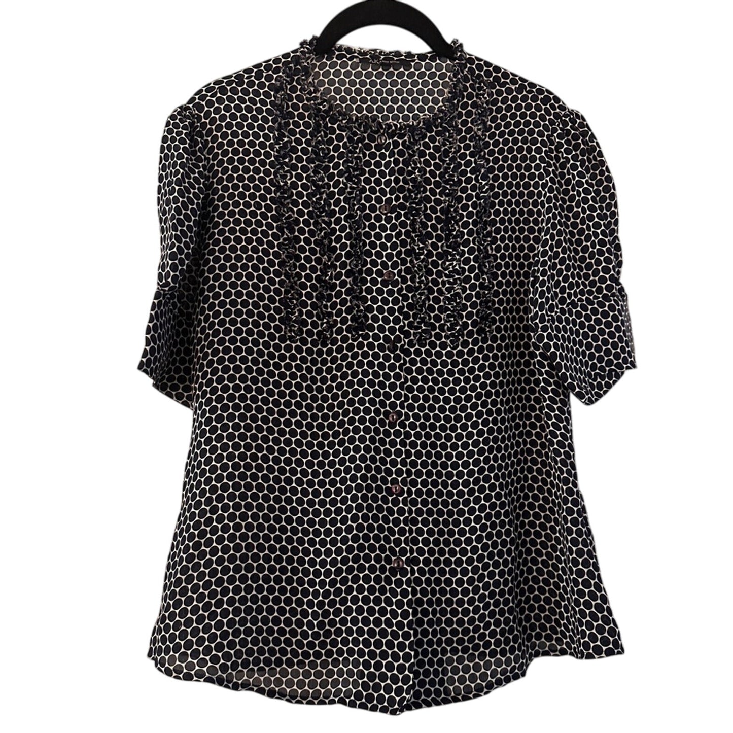 AK Anne Klein navy blue and white polkadot button up shirt size 8