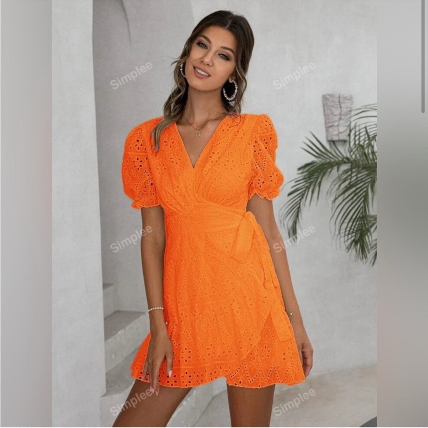 Simplee Orange eyelet mini wrap dress size large
