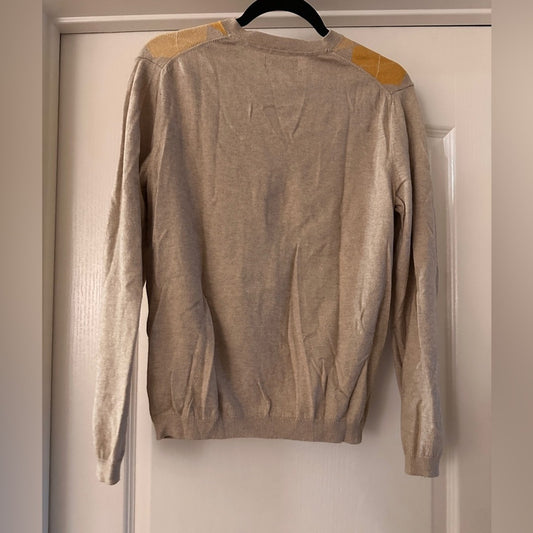 🍷Banana Republic cotton cashmere beige and yellow argyle print vneck sweater S