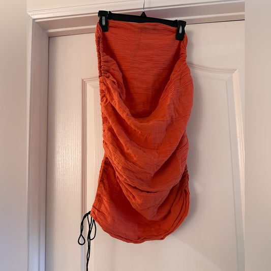 Prettylittlething orange 100% cotton gauze cut out midi skirt size 8