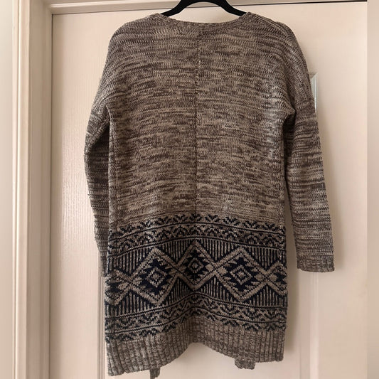 Gypsies & Moondust grey and navy blue tribal print open front long cardigan XS