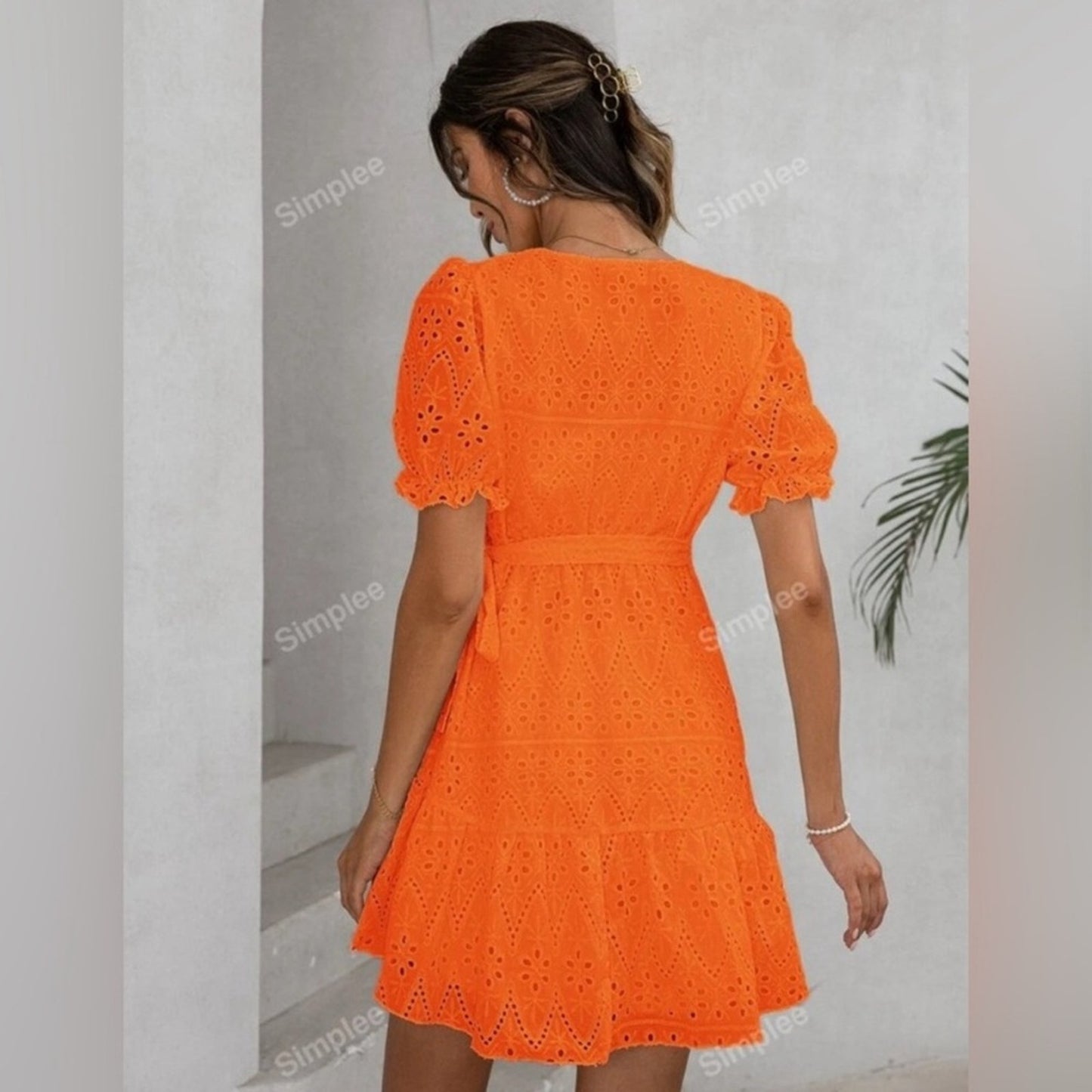 Simplee Orange eyelet mini wrap dress size large