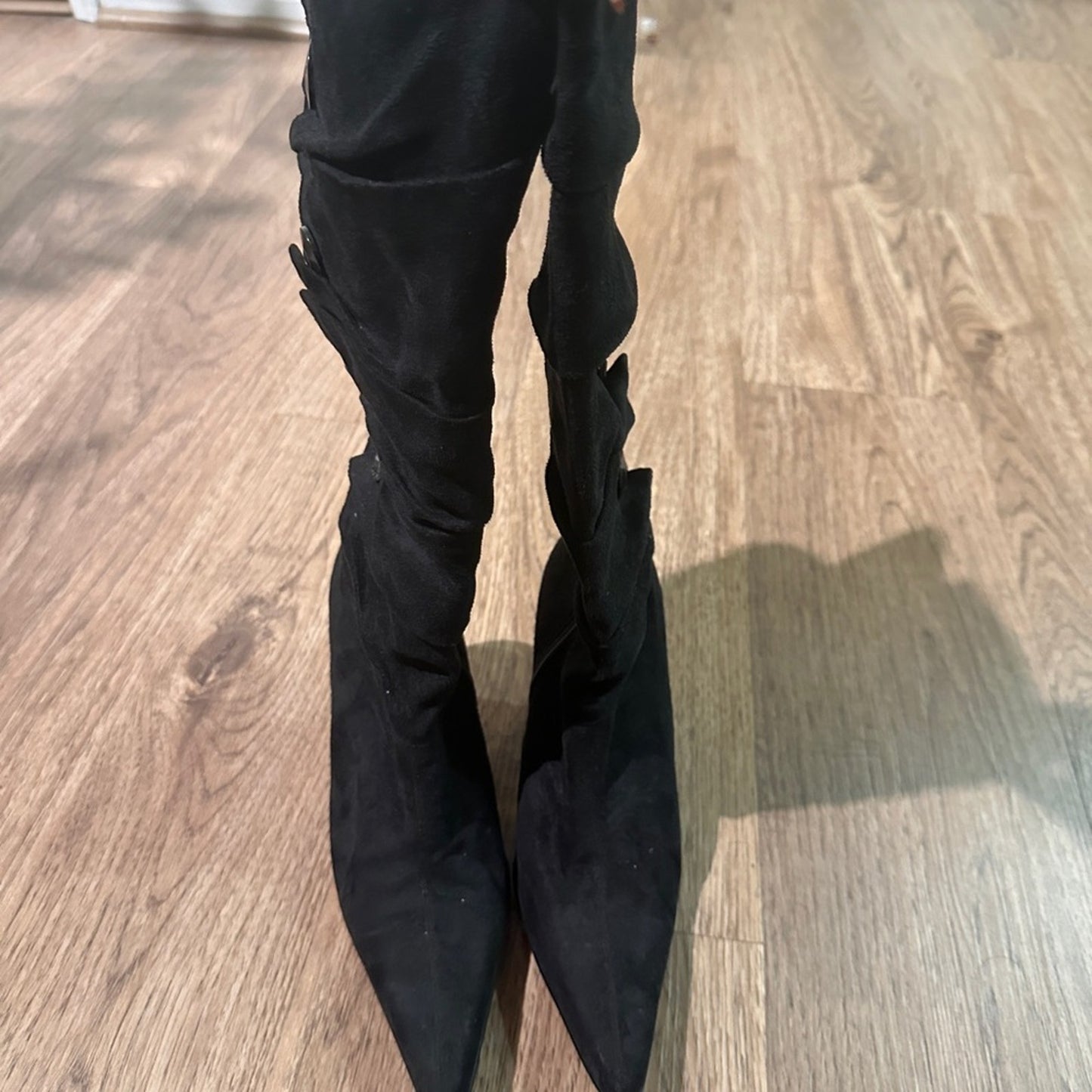 C. banner pointed toe heeled boots size 7