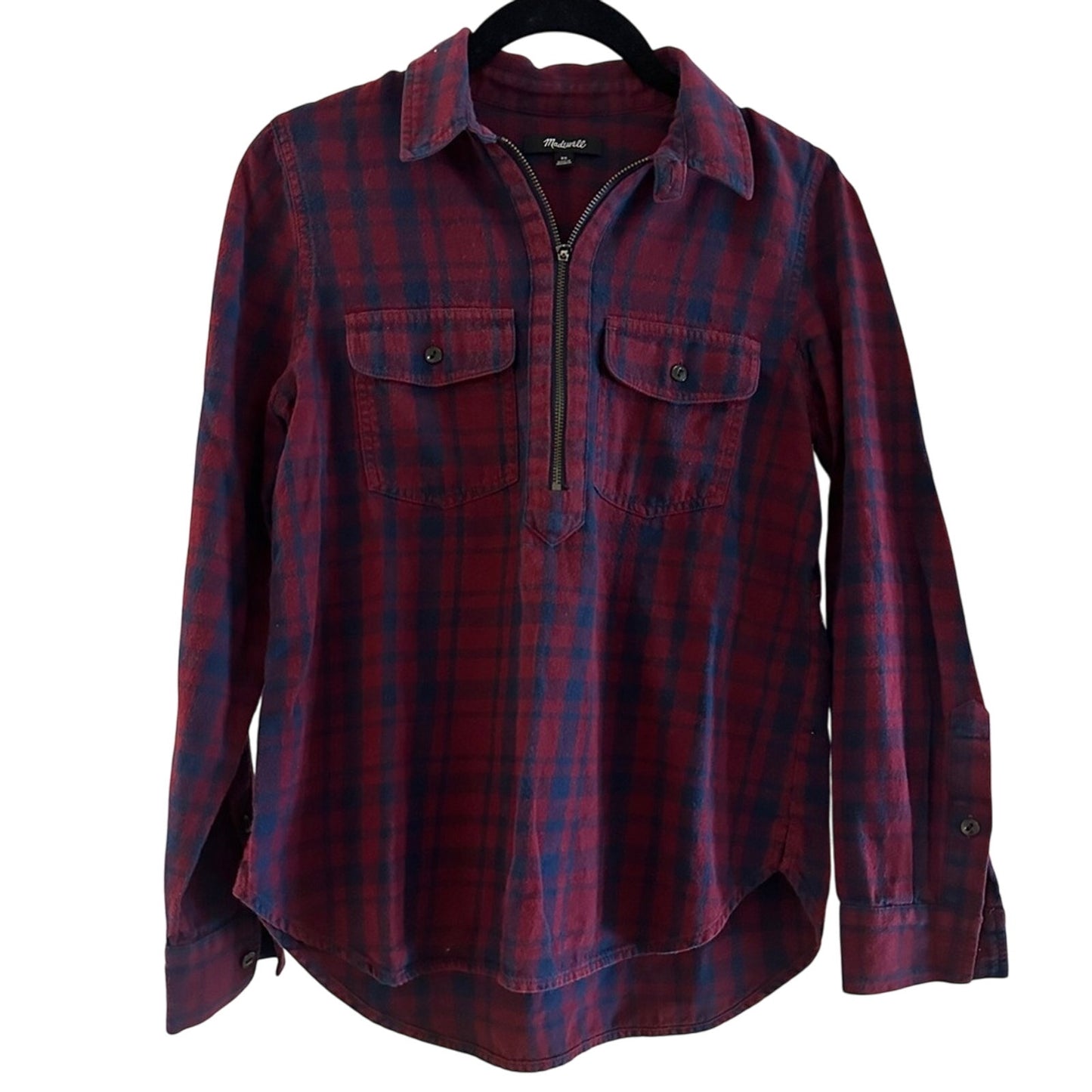 Madewell red and navy plaid flannel henley zip collared shirt size XS