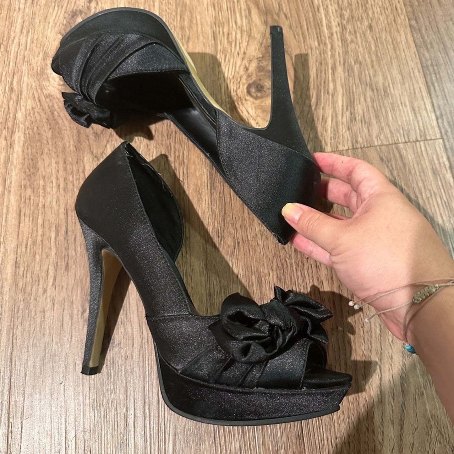 Aldo black platform satin opens toe heels with bow detail size 37/7