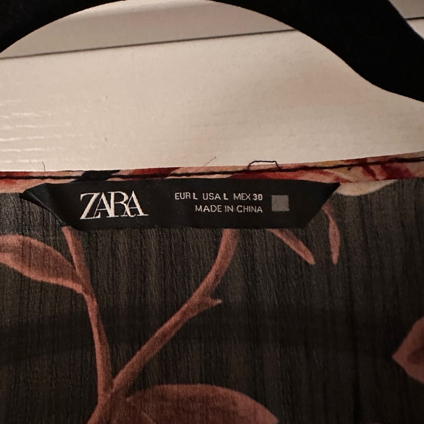 Zara black and pink floral print satin blouse size large