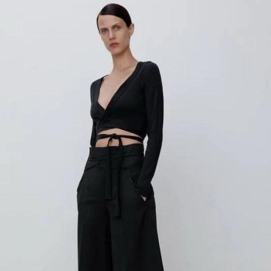 Zara ribbed king tie around long sleeve top size medium