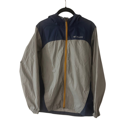 Youth navy blue and grey lightweight windbreaker hooded jacket size 14/16 large