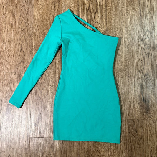 Superdown teal asymmetrical one shoulder body con mini jersey dress size small