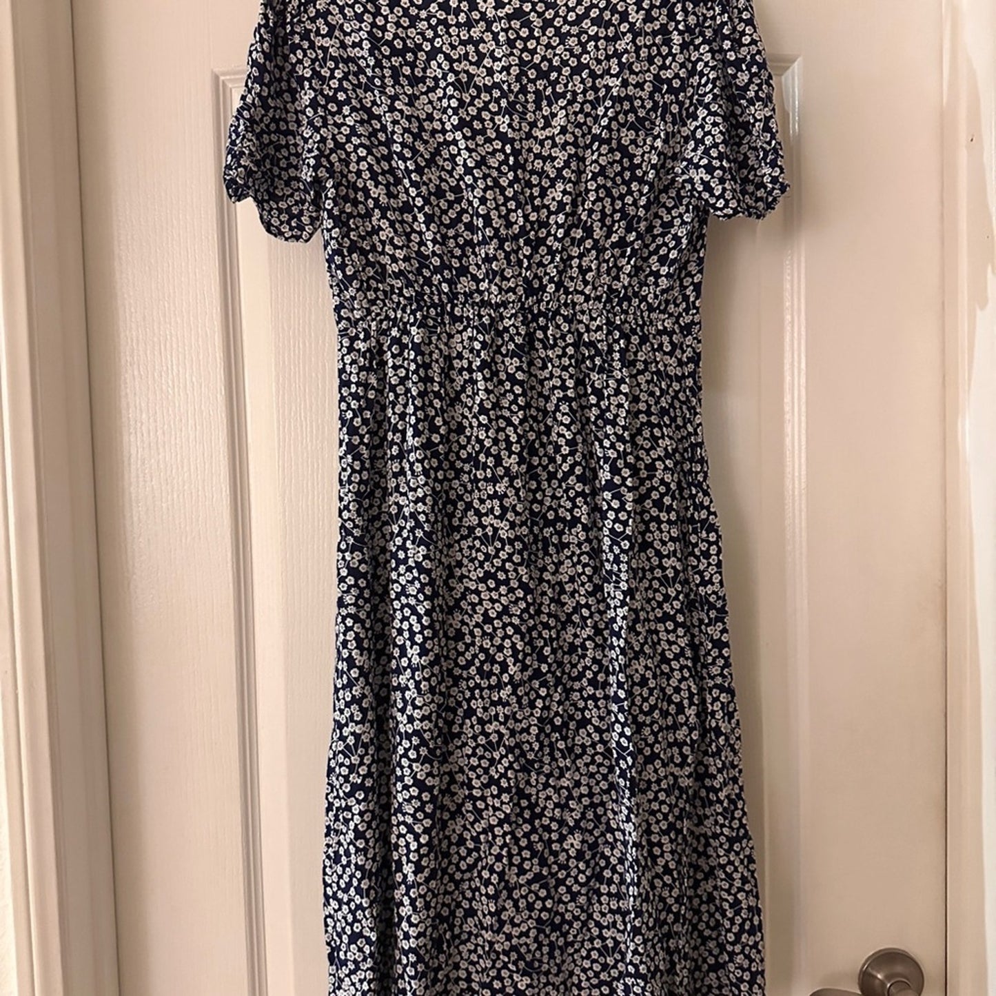 Blue and white micro floral print elastic waist sundress size small