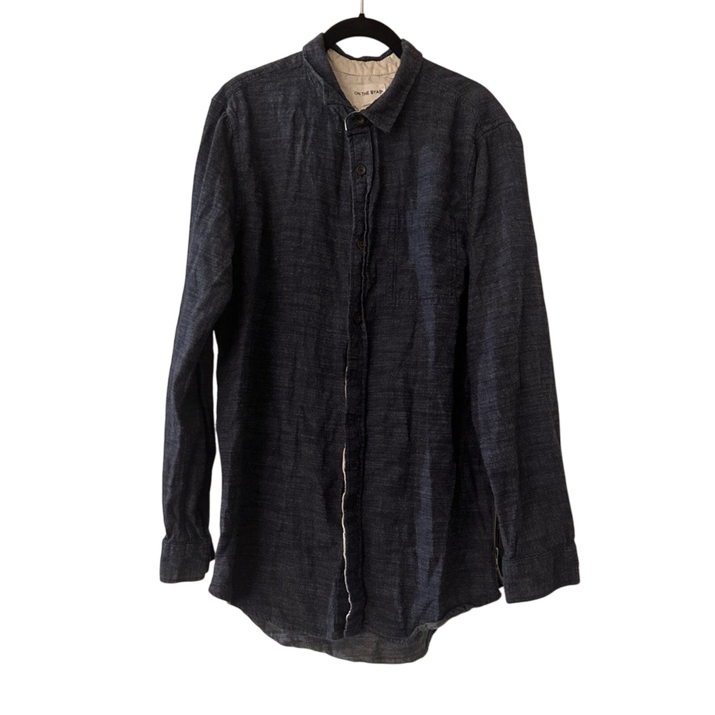 On the byas dark blue chambray button up shirt size large long