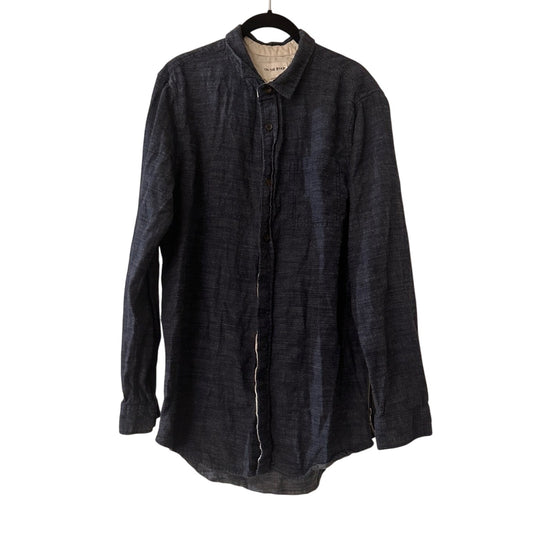 On the byas dark blue chambray button up shirt size large long