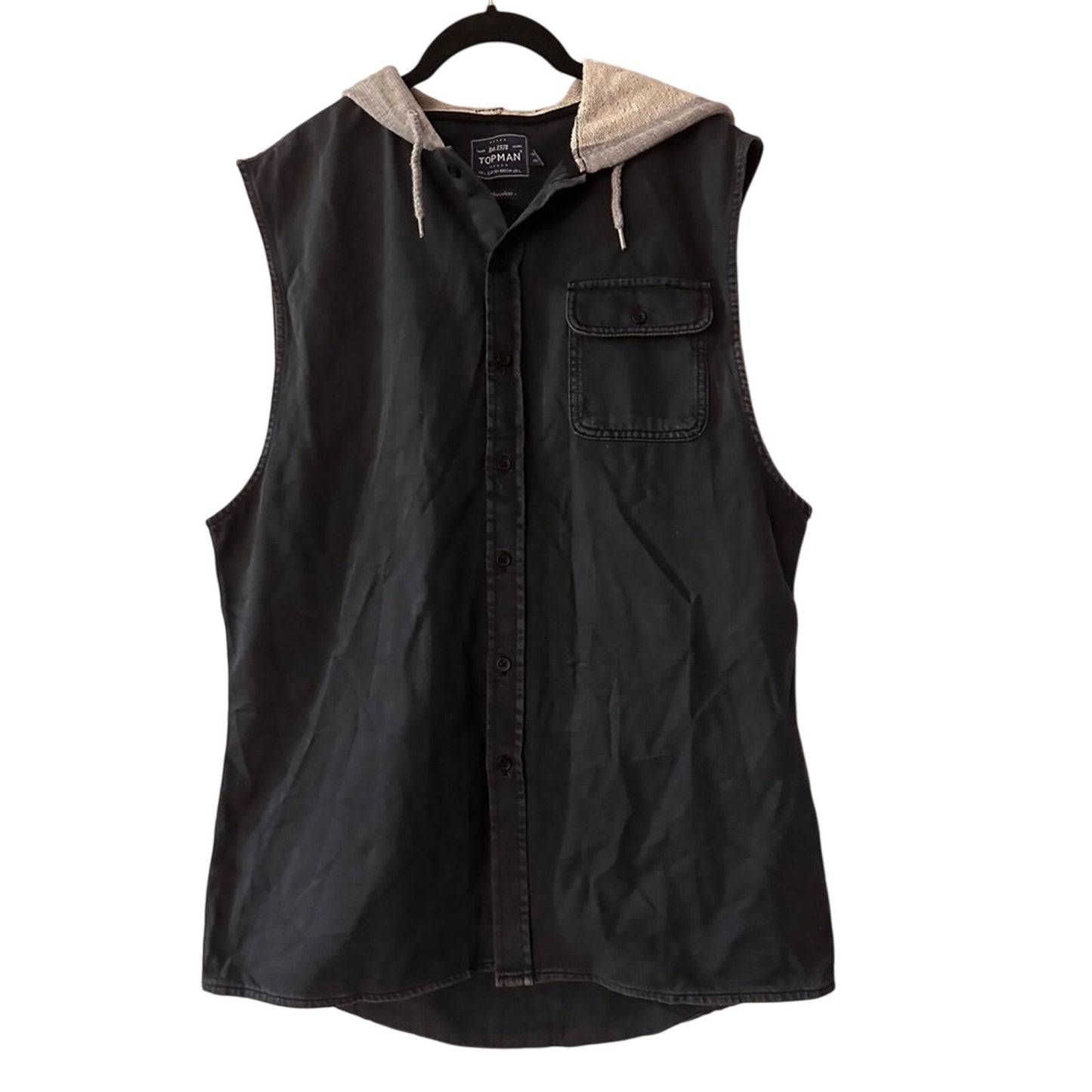 Topman black denim sleeveless hoodie button up size large