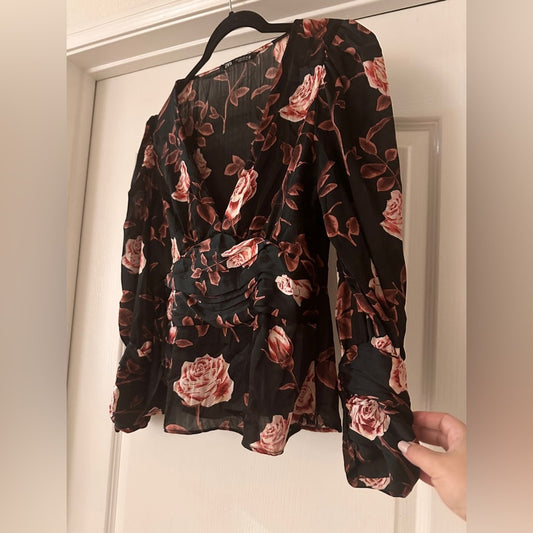 Zara black and pink floral print satin blouse size large