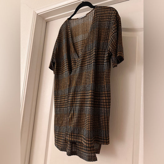 Zara brown and black plaid asymmetrical top size small