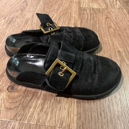 Zara black leather calf hair slides size 7