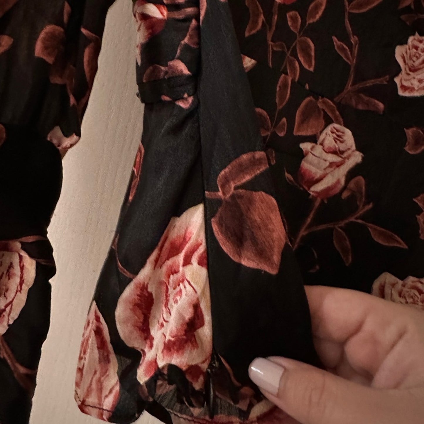 Zara black and pink floral print satin blouse size large