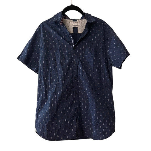 Denim & Flower blue and white nautical print blue button down shirt slim fit M