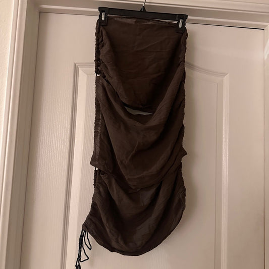 Prettylittlething brown 100% cotton gauze cut out midi skirt size 8