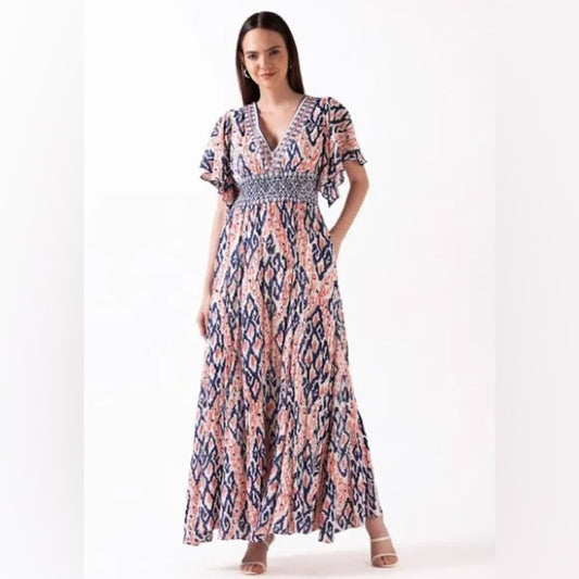 Ash&Eden pink and blue geometric print with flutter sleeves maxi dress small