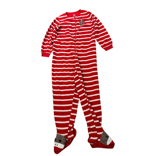 Nick & Nora red and white striped sock monkey fleece footsie pajamas size XL