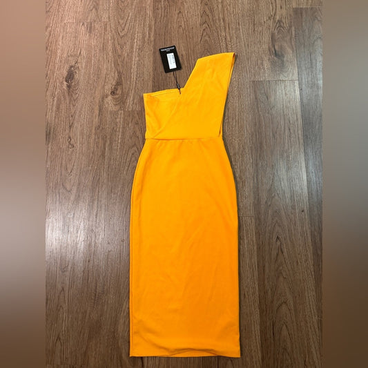 NWT prettylittlething bright yellow draped one shoulder midi dress size 4
