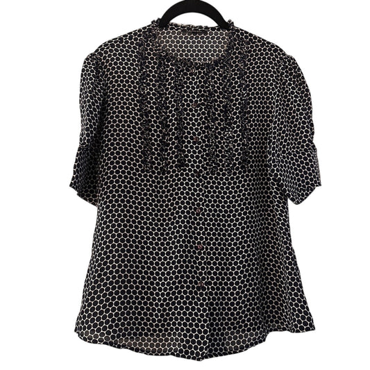 AK Anne Klein navy blue and white polkadot button up shirt size 8