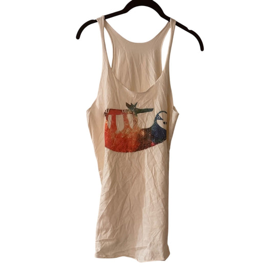 Cream tank with colorful sloth graphic
