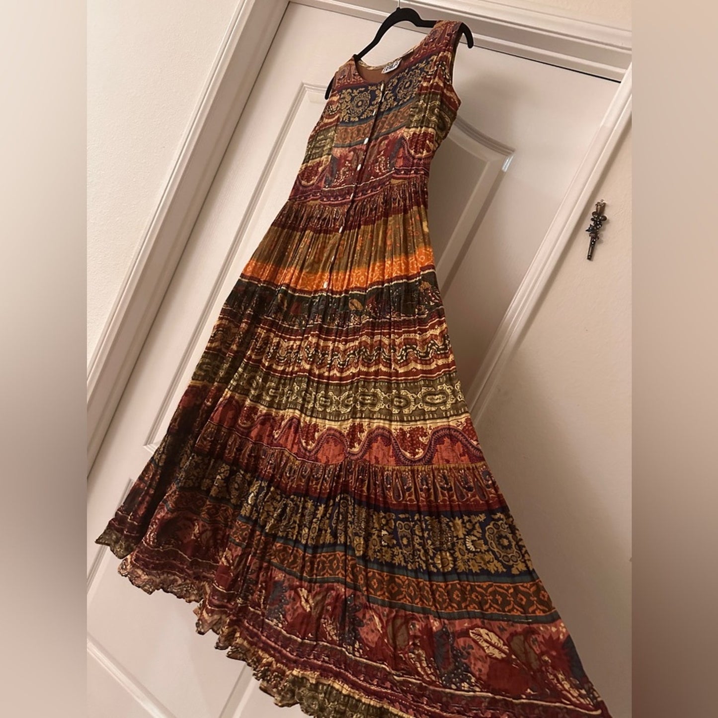 Bila vintage gauze Indian black print maxi dress size large