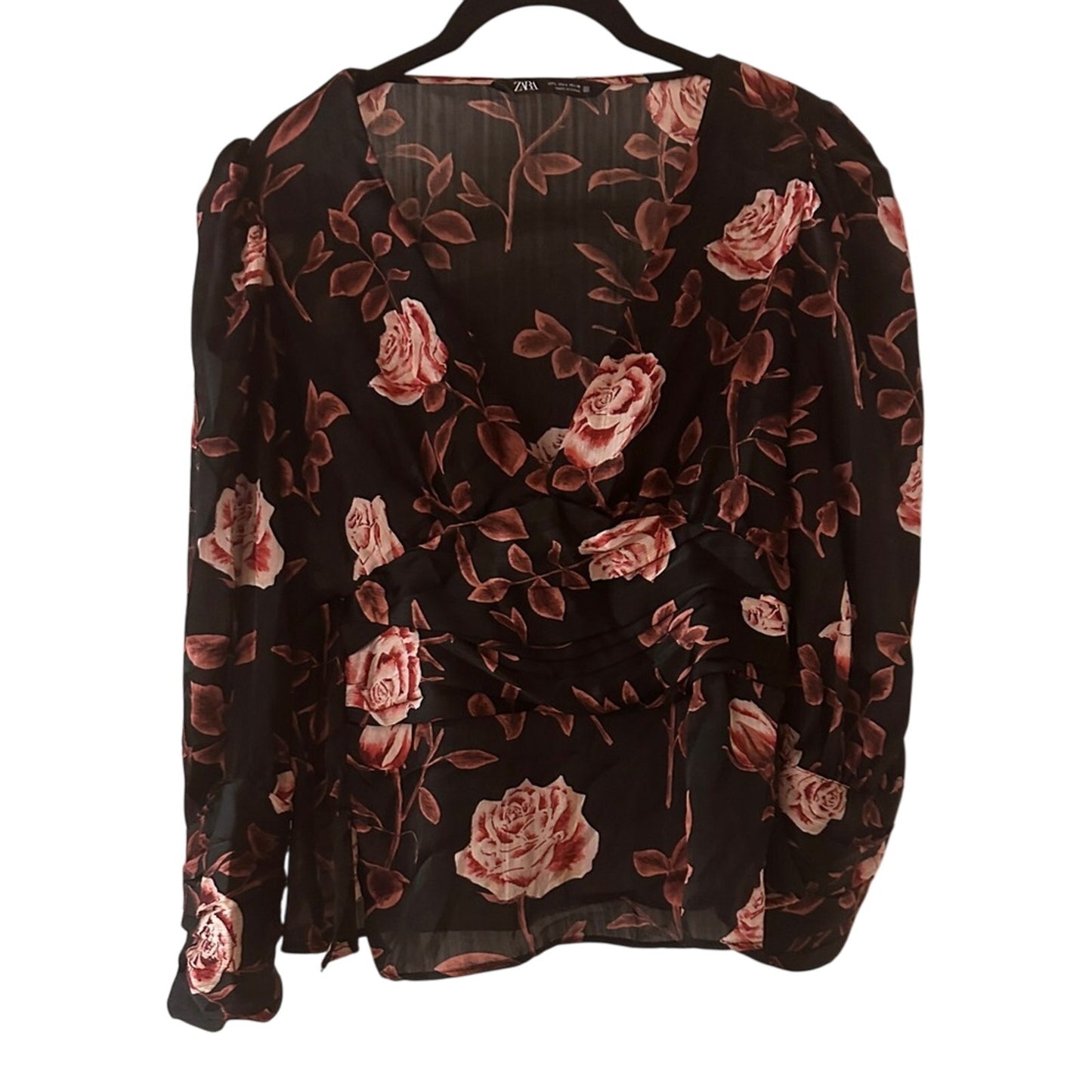 Zara black and pink floral print satin blouse size large