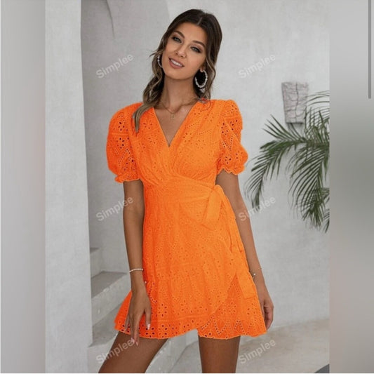 Simplee Orange eyelet mini wrap dress size large