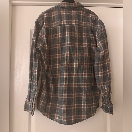 Birch black blue read and cream plaid navy button down flannel size large