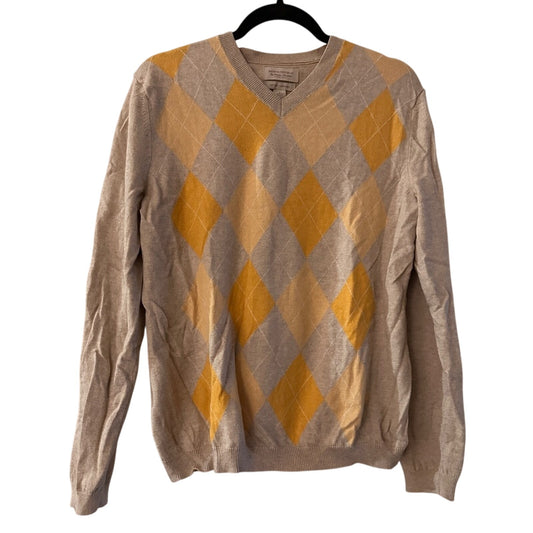 🍷Banana Republic cotton cashmere beige and yellow argyle print vneck sweater S