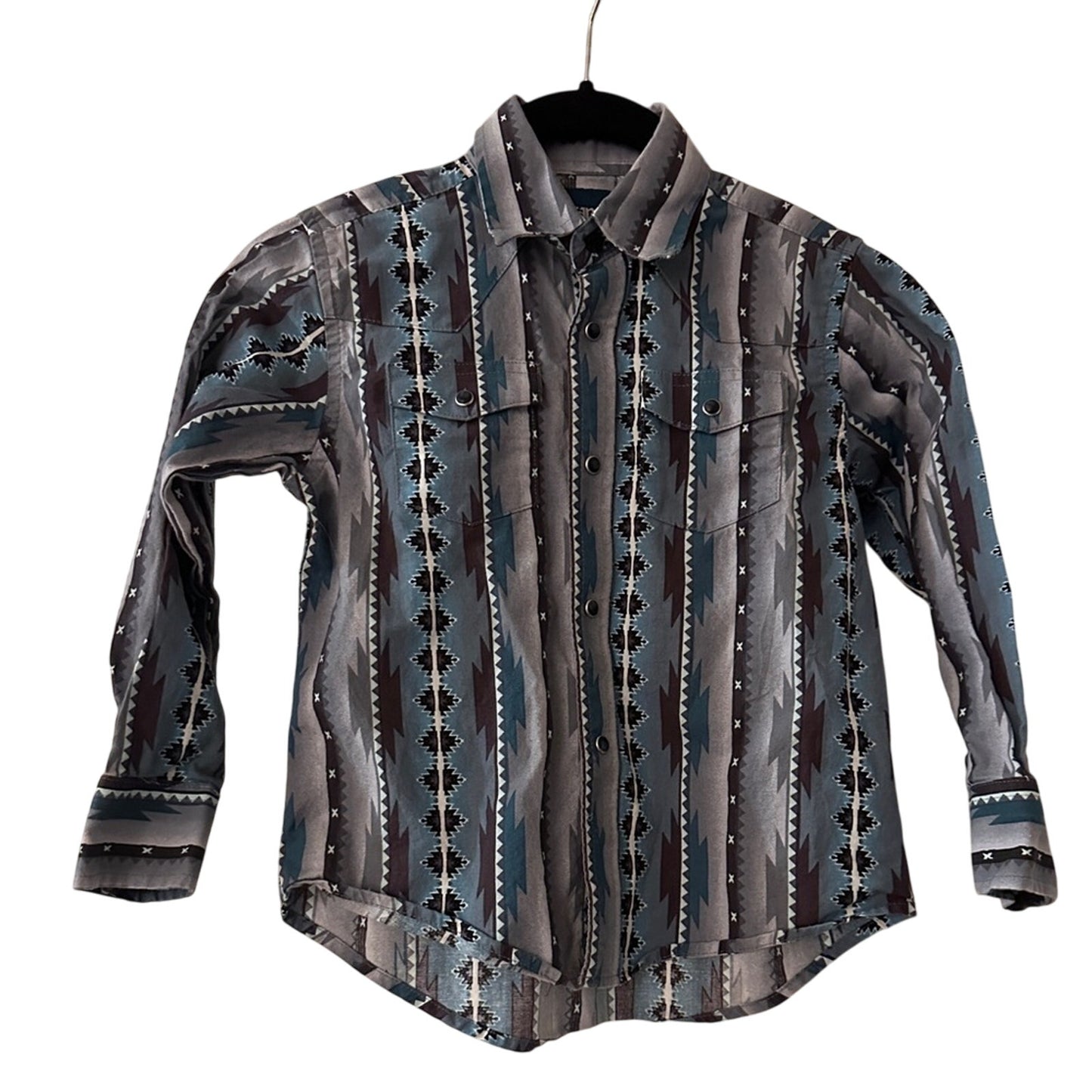 Wangler Western print blue and grey snap button shirt size kids small