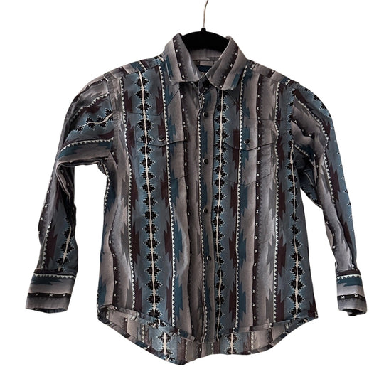 Wangler Western print blue and grey snap button shirt size kids small
