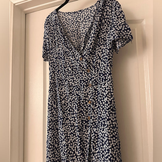 Blue and white micro floral print elastic waist sundress size small