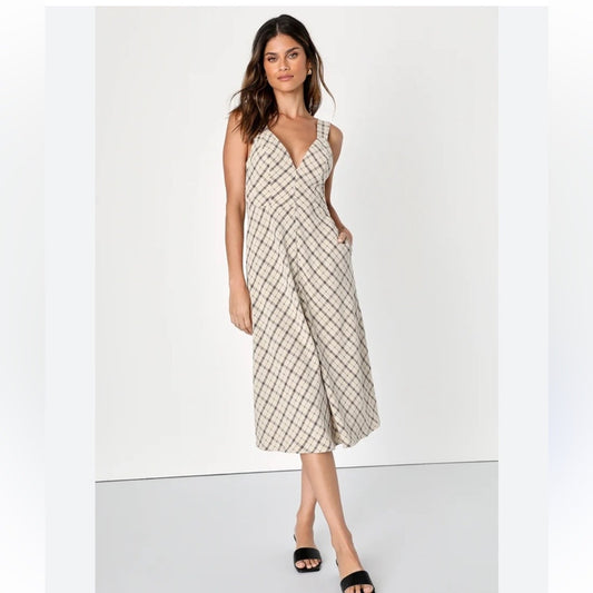 🐈‍⬛Lulus beige plaid midi dress size small