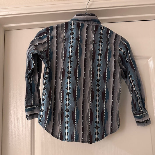 Wangler Western print blue and grey snap button shirt size kids small