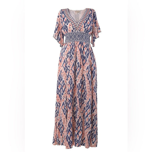 Ash&Eden pink and blue geometric print with flutter sleeves maxi dress small