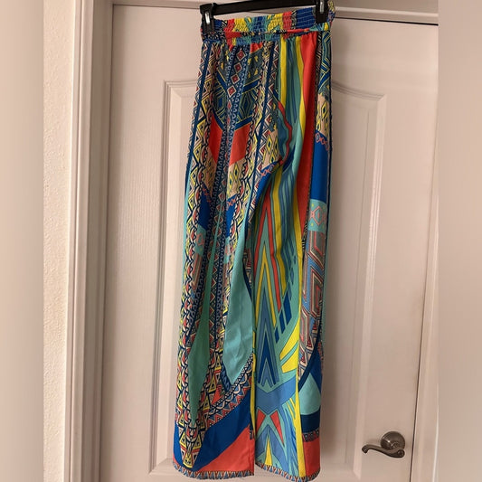 Black bead vibrant multicolored print wide leg pants size small