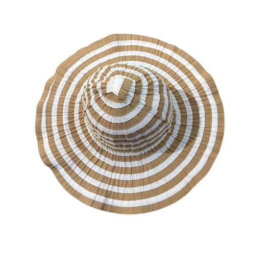 White and beige striped floppy sun hat