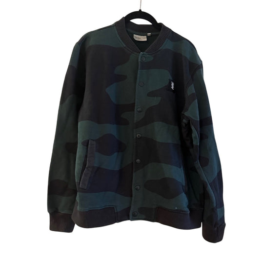 WESC black and green camo print snap button bomber jacket size small
