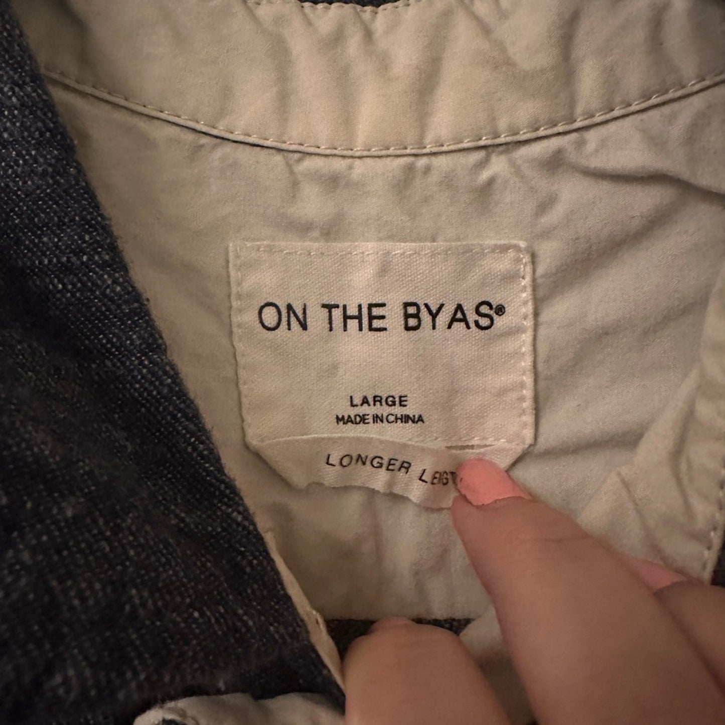 On the byas dark blue chambray button up shirt size large long