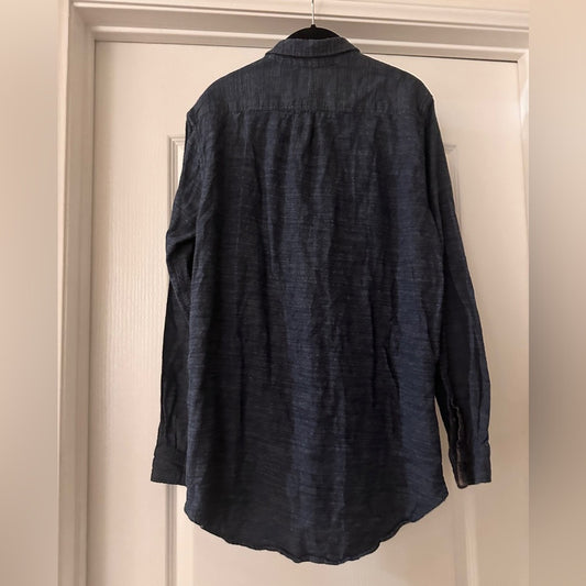 On the byas dark blue chambray button up shirt size large long